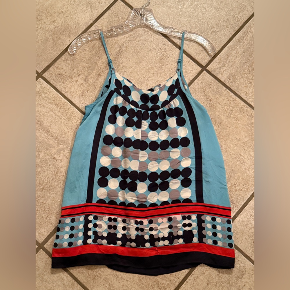 CAbi Blue and Black Silk Polka Dot Top